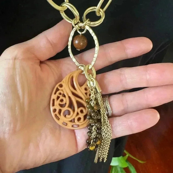 Chico's Gold Tone Long Circle Oval Chain Link Statement Necklace Y Chain - Picture 3 of 6